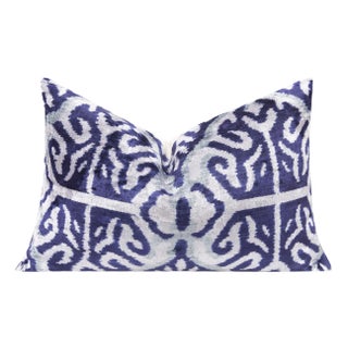 Handmade Geometric Silk Velvet Pillow 16x24, Down Feather Insert, Blue & Gray Ethnic Motif For Sale