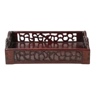 Chinese Brown Rectangular Open Carving Motif Wood Tray For Sale