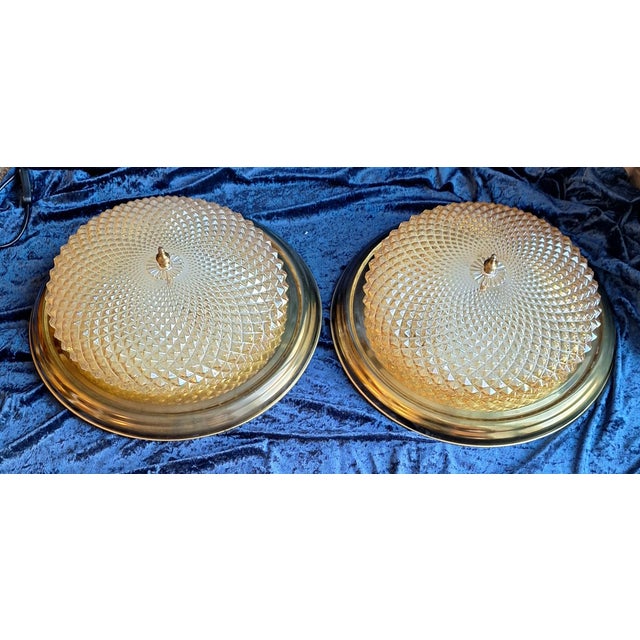 Vintage Ceiling Lamps with Brass Rim and Relief Glass Shade, 1970s, Set of 2 For Sale - Image 4 of 7