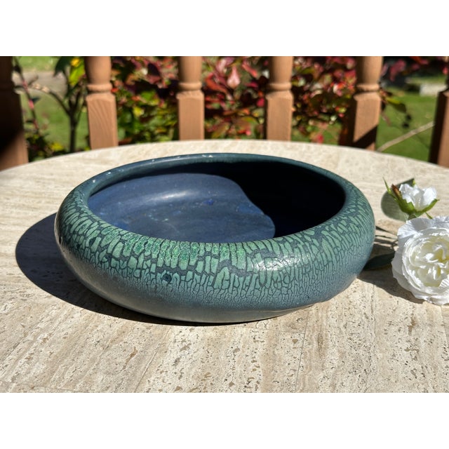 1910s Arts & Crafts Hampshire Pottery Blue & Green Matte "Peacock" Glaze Bulb Bowl For Sale - Image 16 of 17