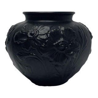 1930s Tiffin Black Amethyst Satin Embossed Art Glass Vase Depicting Poppies For Sale