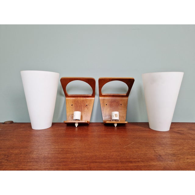 Teak and Opaline Wall Sconces by Louis Kalff for Philips, 1950, Set of 2 For Sale - Image 11 of 18