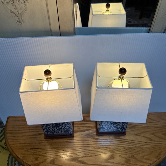 Chinoiserie Ralph Lauren Blue + White Table Lamps, Pair For Sale - Image 11 of 12