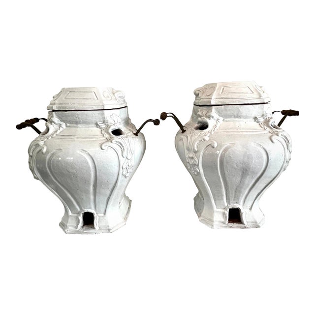 Glazed Terracotta Garden Urns or Jardinieres with Metal and Wood Handles - A Pair For Sale