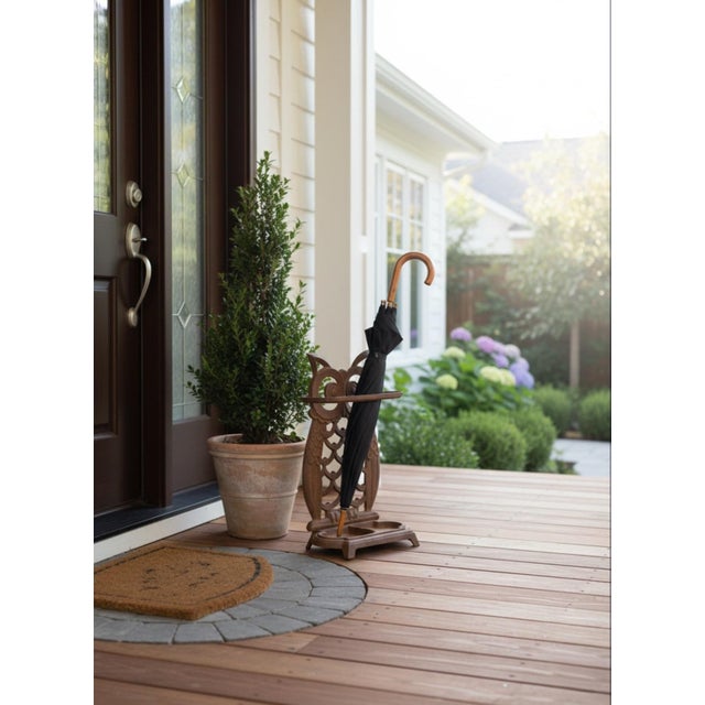 Metal Vintage Cast Iron Whimsical Owl Umbrella Stand & Drip Tray For Sale - Image 7 of 7