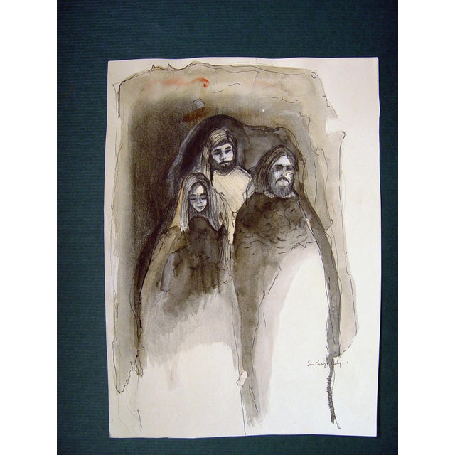 Portraiture Mid 20th Century Figural Group in Grisaille Watercolor Painting For Sale - Image 3 of 3