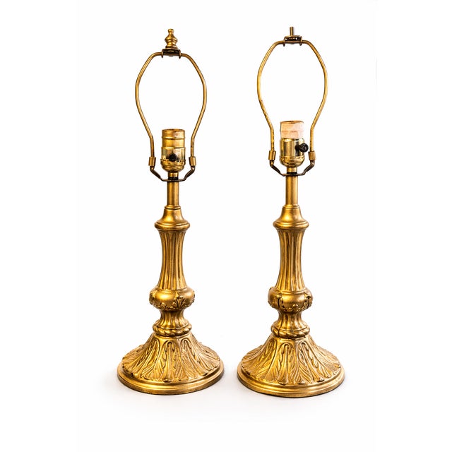 1960s Vintage Hollywood Regency Cast Metal Table Lamps – Brass-Tone Finish 20” H Including Harp - a Pair For Sale - Image 5 of 5