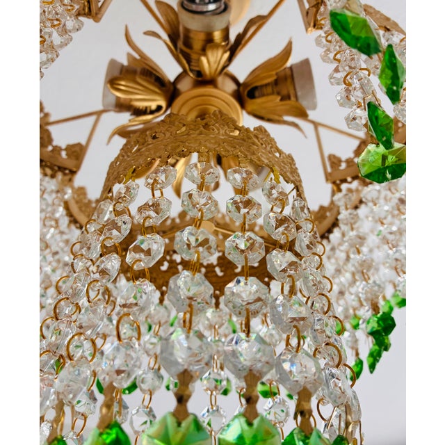 Glass Vintage Crystal Tiered Flush Mount Chandelier With Green Crystal Accents - Restored For Sale - Image 7 of 18