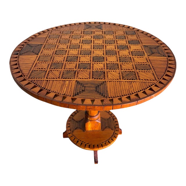 1930s Tramp Art Matchstick Folk Art Chess Side Table For Sale