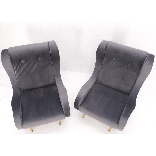 Pair Italian Mid-Century Modern Brass Legs Grey Arm Lounge Chairs For Sale - Image 16 of 17