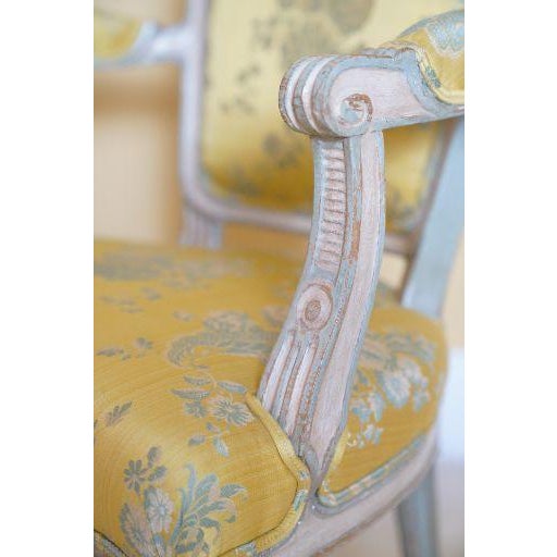 19th C. Louis XVI Style Silk Upholstered Painted Fauteuils - Set of 2 For Sale In New York - Image 6 of 15