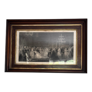 Mid 19th Century Rare Victorian Engraving of Queen Anne’s Drawing Room at St. James’s Palace, London, 1869 and Companion Frame of Attendance