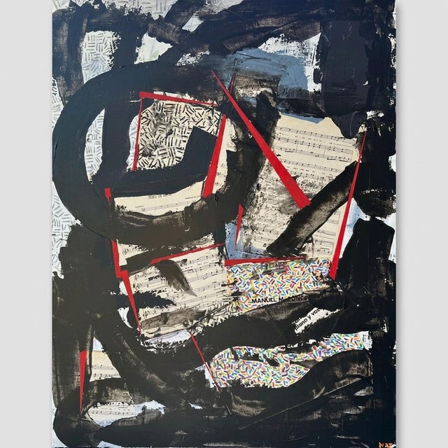 This mixed-media composition navigates the tension between structure and disruption. Fragments of musical scores by Manuel...