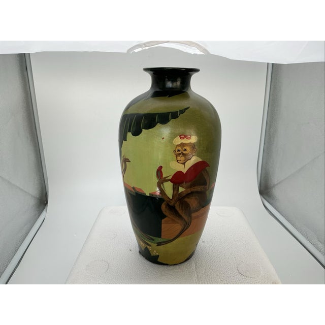 Chinoiserie Circa 1940 Hand Painted Ceramic Vase 10.5” Monkey Musicians Chinoiserie China For Sale - Image 3 of 8