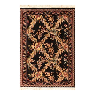 Shabby Chic 1990's Trellis Abusson Pak-Persian Black/Gold Wool Rug - 3'0'' X 4'11'' For Sale