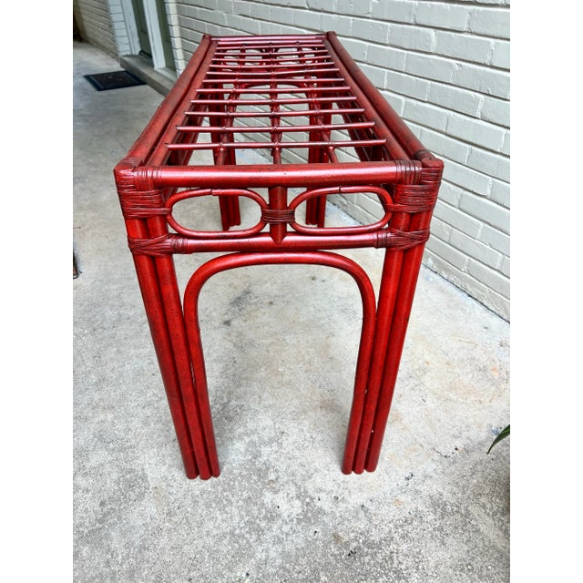 Tony Duquette Vintage Red Split Reed and Rattan Glass Top Console Entry Table - Newly Painted For Sale - Image 4 of 12