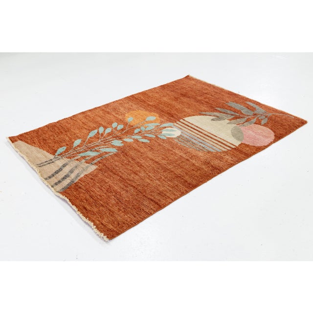 Pink 4x6 Modern Art Deco Hand-Knotted Area Rug Abstract Botanical Rust & Terracotta For Sale - Image 8 of 8