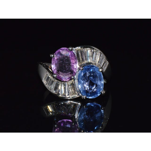 GIA Natural 6.24CTS VS F Diamond Blue And Pink Sapphire Platinum Bypass Ring Band, size 6.75 For Sale In Dallas - Image 6 of 13