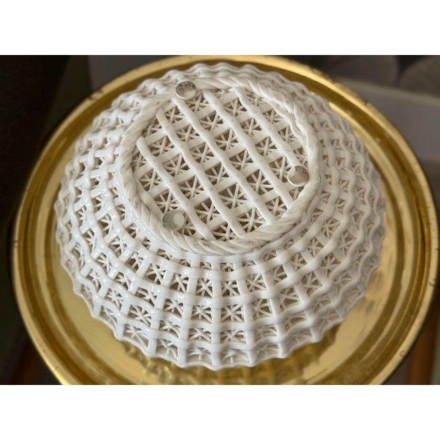 Vintage Handmade Chinoiserie Reticulated Woven Wicker Lattice Porcelain Basket Vase Sculpture For Sale - Image 9 of 10