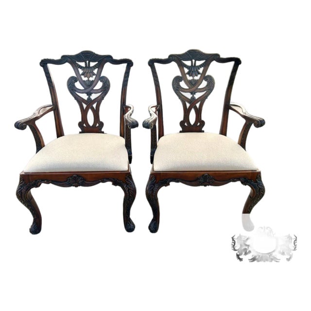 Henredon Chippendale Mahogany Armchairs Carved Ball & Claw Feet Pair Vintage 80s For Sale