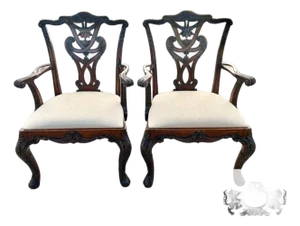 Vtg. Pair of Henredon Chippendale Heavily Carved Solid Mahogany Arm Chairs