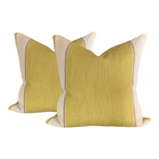 Lime Green and Ecru Sofa Pillows - a Pair For Sale