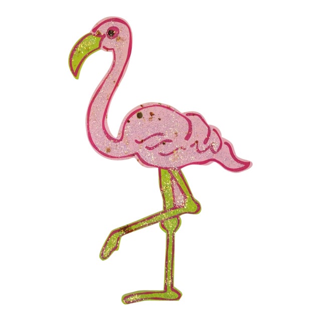 Wood Pink Flamingo Sparkles Ornament For Sale