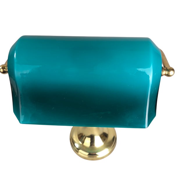 Metal 1970s Mid-Century Modern Art Deco Brass and Teal Glass Banker's Desk Lamp For Sale - Image 7 of 18