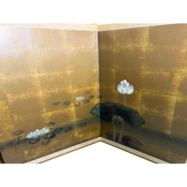1960s Vintage Japanese Byobu With Painted Lotus Flowers 4 Panels Folding Screen For Sale - Image 5 of 16