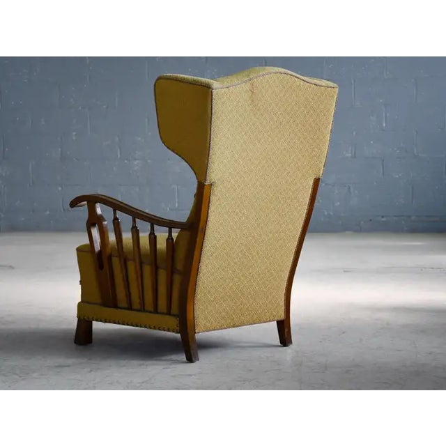 Mustard Danish Modern 1950s Highback Lounge Wing Chair With Wooden Armrests For Sale - Image 8 of 8