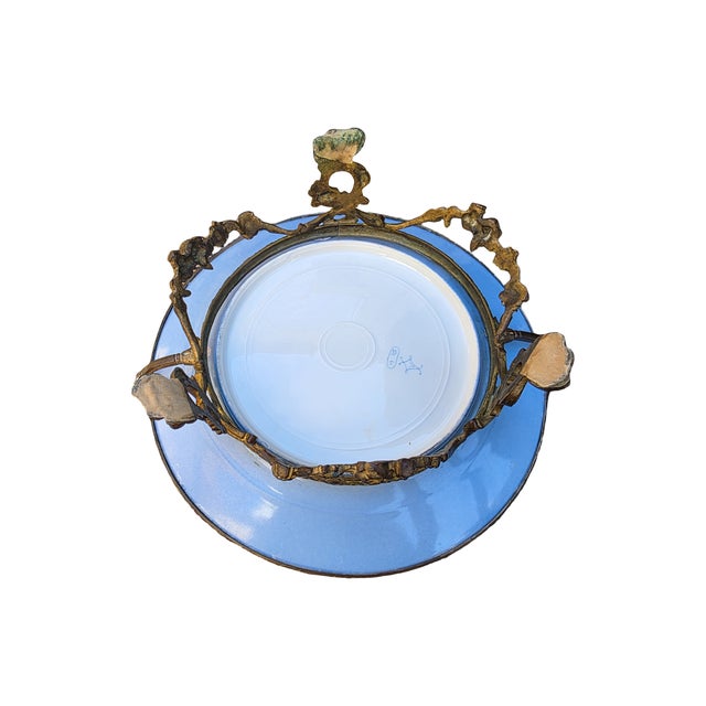 Metal Antique French Hand-Painted Porcelain Centerpiece Bowl With Bronze Ormolu Stand & Cobalt Blue Border For Sale - Image 7 of 10