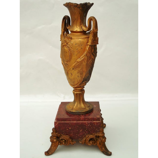 Antique Neoclassical Gilt Spelter Urn / Amphora Vase on Red Marble Base For Sale - Image 6 of 9