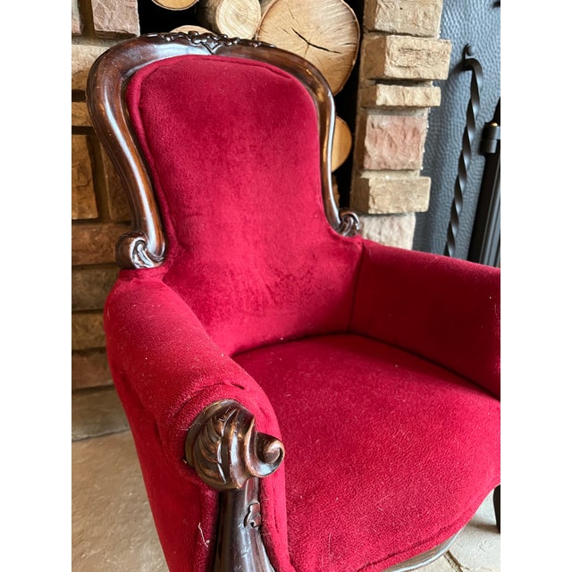 Vintage Red Velvet Children / Dog Grandfathers Chair For Sale - Image 4 of 11