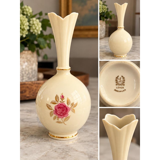 Beautiful vintage Lenox porcelain vase featuring an elegant fluted neck, scalloped opening, delicate pink rose design, and...