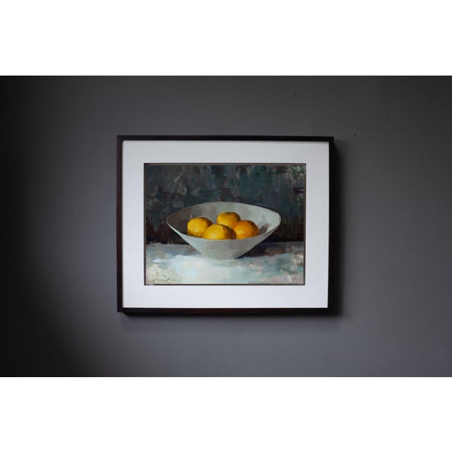 Wood Contemporary Quiet Lemons by Jon Doran | Oil on Panel Lemons in a White Bowl Still Life For Sale - Image 7 of 9
