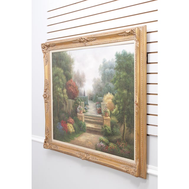 Traditional Large Hand Painted Oil Painting on Canvas Outdoor Garden Scene For Sale - Image 3 of 18