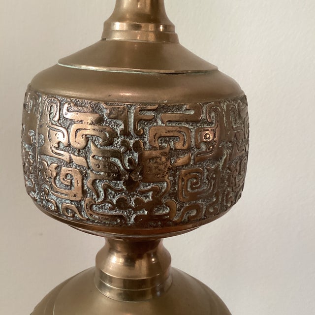 Mid 20th Century Vintage Asian Inspired La James Mont Style Intricately Carved Heavy Brass Lamp Circa 1940 For Sale - Image 5 of 12