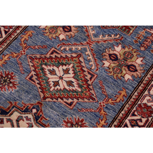 Rustic Super Kazak Blue/Beige Wool Runner Rug- 2'8'' X 10'6'' For Sale In New York - Image 6 of 10