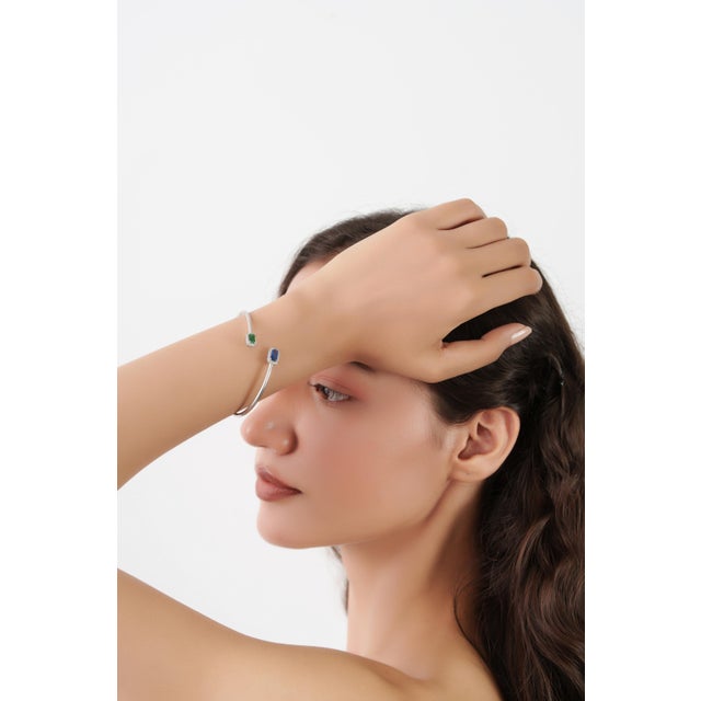 Emerald Emerald & Blue Sapphire Toi Et Moi Open Cuff Bangle in Silver With Diamond Accents For Sale - Image 8 of 14