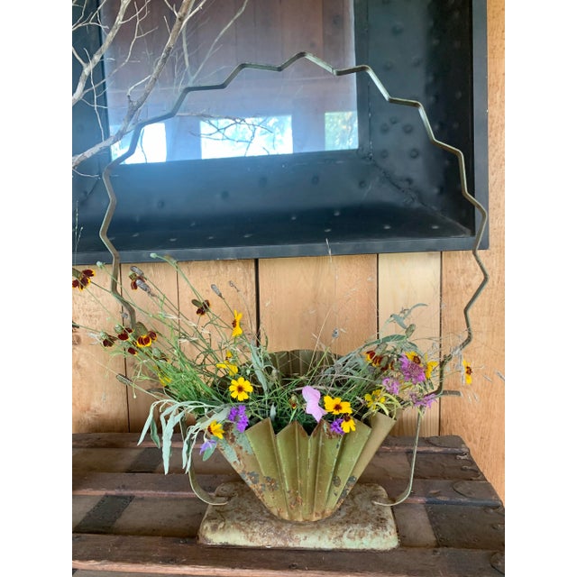 Shabby chic 'chippy' vintage metal funeral/wedding flower basket, painted in olive green. Fill it with a bouquet of wild...