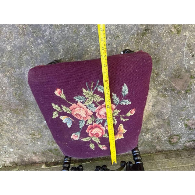 19th Century Pair Antique Victorian Gothic Hand Carved Barley Twist Upholstered Needlepoint Seat Chairs For Sale - Image 13 of 17