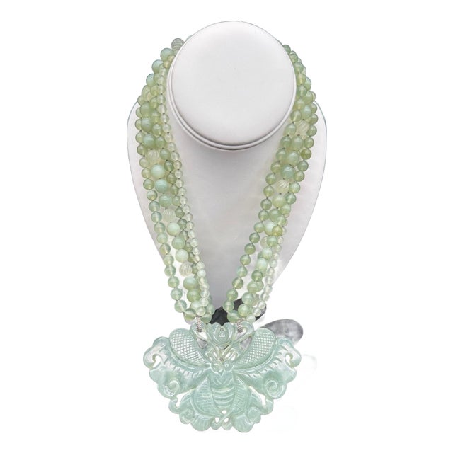 1970s Chinese Export Jadeite Moth Pendant Multi Strand Beaded Necklace For Sale