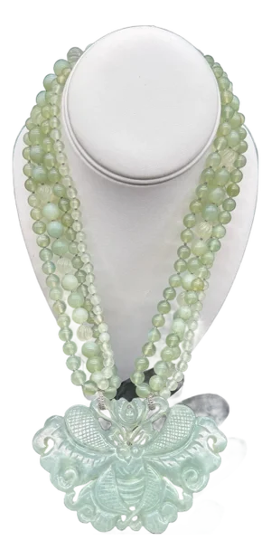 1970s Chinese Export Jadeite Moth Pendant Multi Strand Beaded Necklace