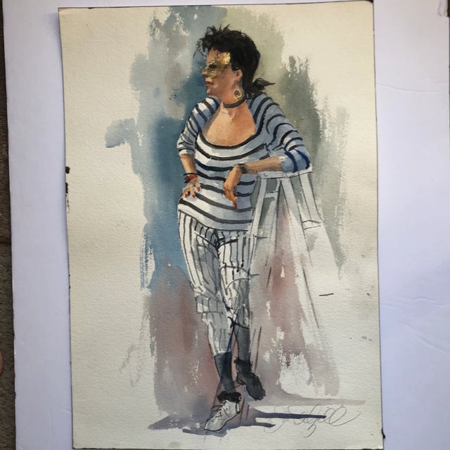 1980s Original Vintage Female in Mask Portrait Watercolor Painting Signed For Sale - Image 5 of 5