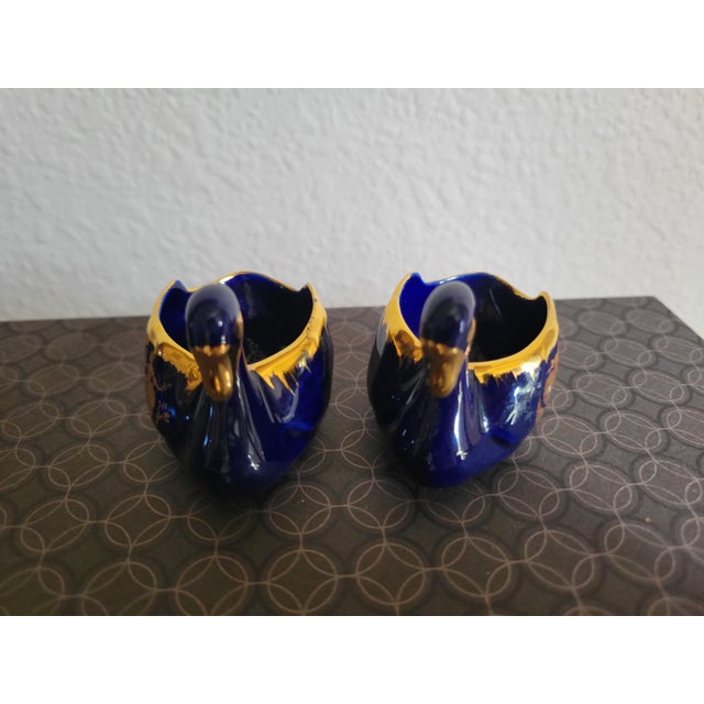 Art Deco Limogenes, Royal Blue and 22 K Gold Miniature Pair of Decorative Swans For Sale - Image 3 of 12