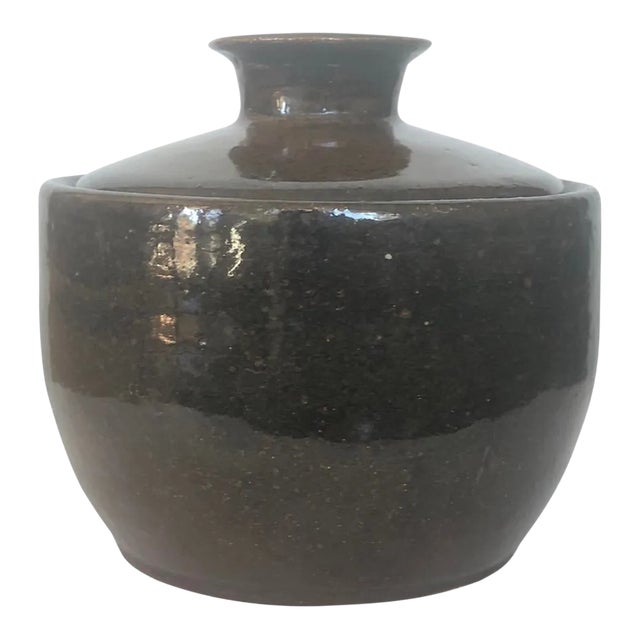 Japanese Glazed Ceramic Lidded Pot Stoneware Mingei Pickling Serve-Ware Vintage For Sale