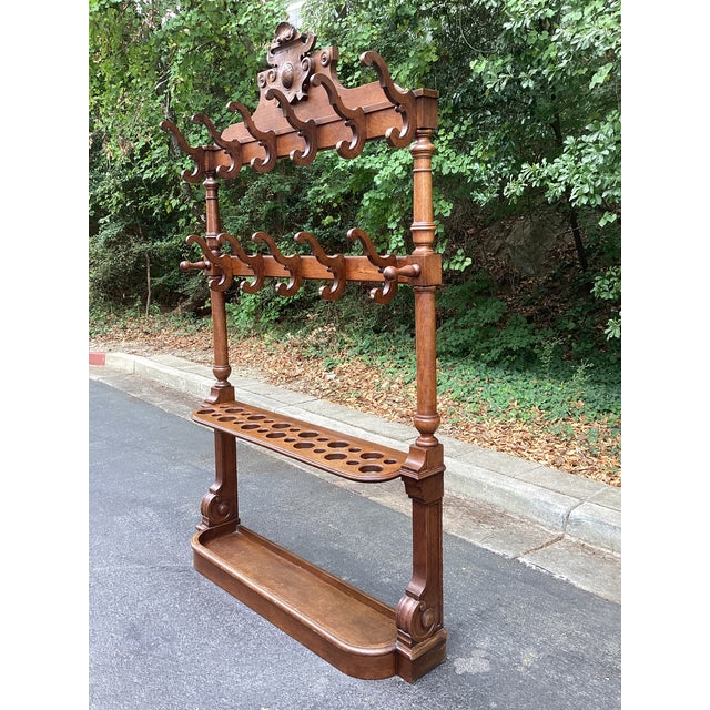 Late 19th-Century Victorian Carved Wood Hall Tree & Umbrella Stand, Circa 1890 For Sale - Image 4 of 10