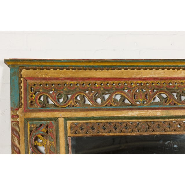 Brown Antique Indian Polychrome Window Made into a Mirror with Richly Carved Décor For Sale - Image 8 of 13