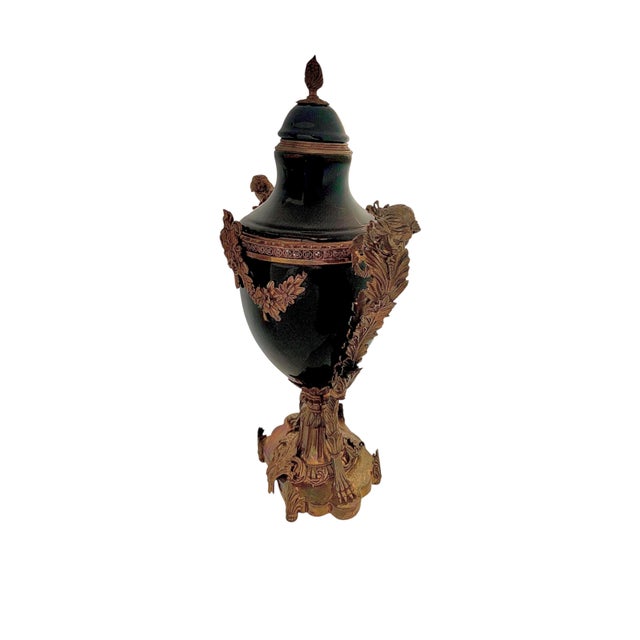 Mid 20th Century Mid 20th Century Pair of Lidded Porcelain Vases With Bronze Faced Handles Old Vintage Urn for Classic Decor For Sale - Image 5 of 10