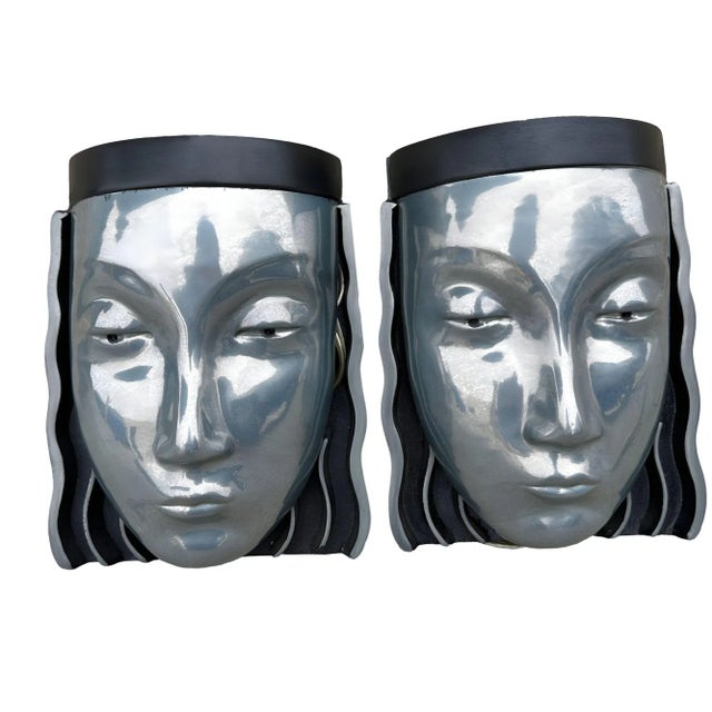 Silver 1970s Art Deco Style Female Face Mask Wall Sconce - a Pair For Sale - Image 8 of 11